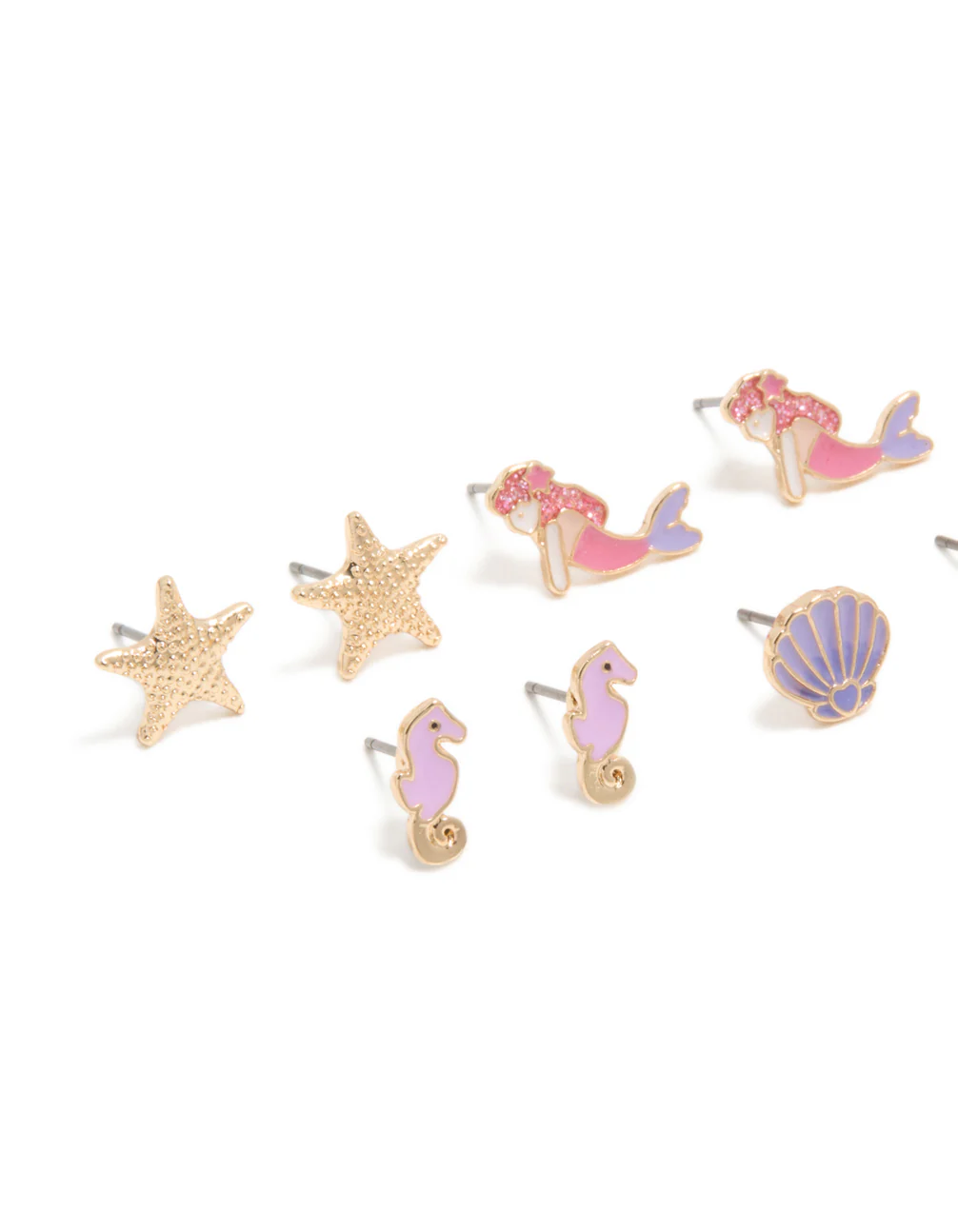 Kids Gold Mermaid & Dolphin Stud Earrings 6-Pack - Image 2