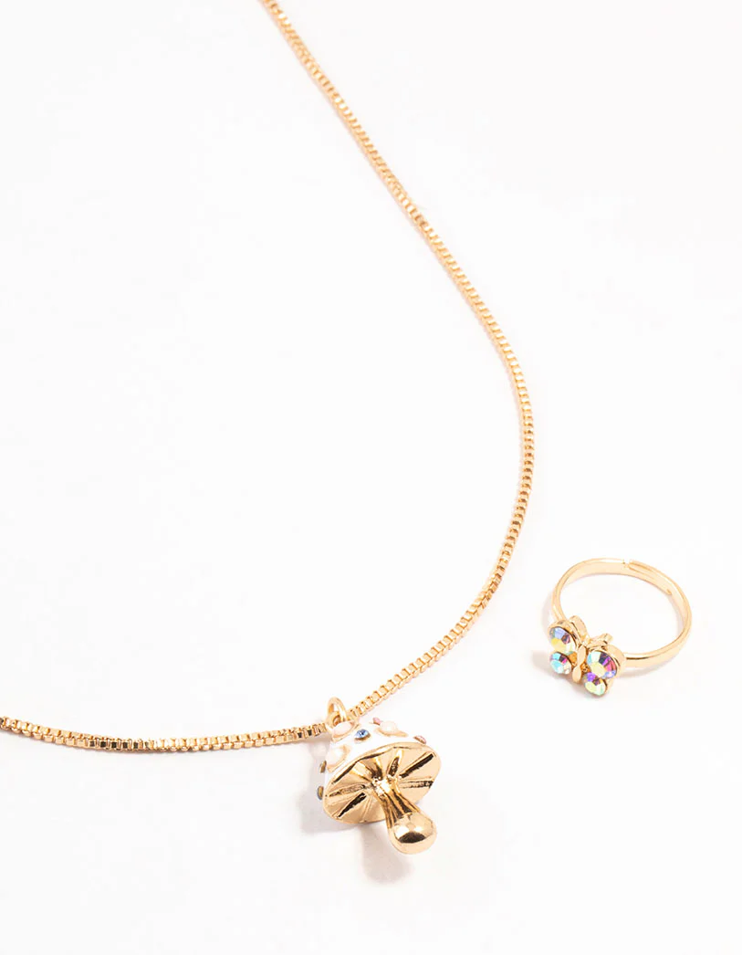 Kids Gold Mushroom Necklace & Ring Pack