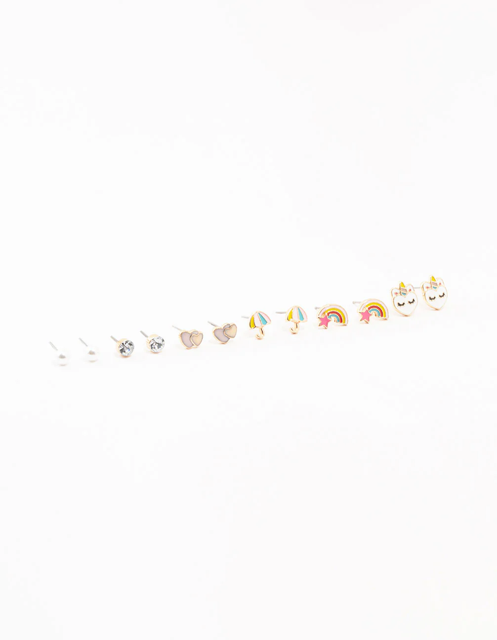 Kids Gold Pastel Unicorn Stud & Rainbow & Heart Earrings Pack