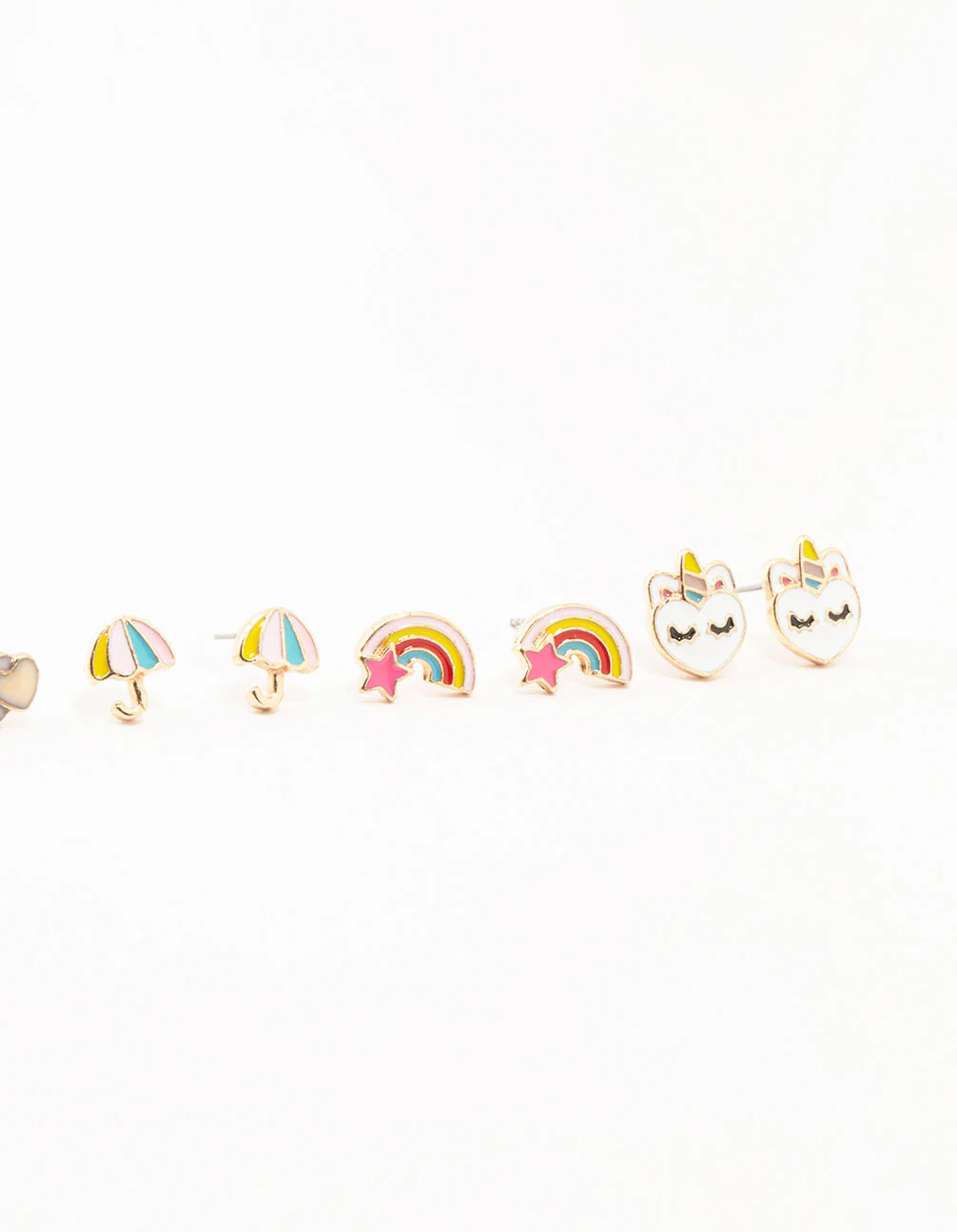 Kids Gold Pastel Unicorn Stud & Rainbow & Heart Earrings Pack - Image 3