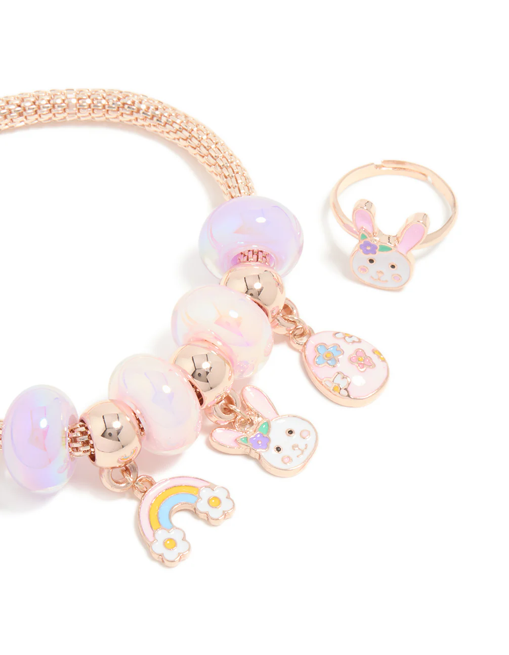 Kids Rose Gold Bunny Easter Egg Charm Bracelet & Ring Set - Image 2