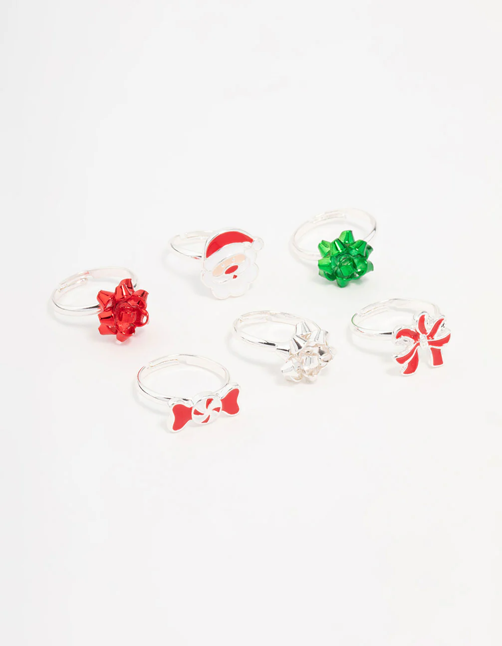 Kids Silver Bow & Santa Rings 6-Pack