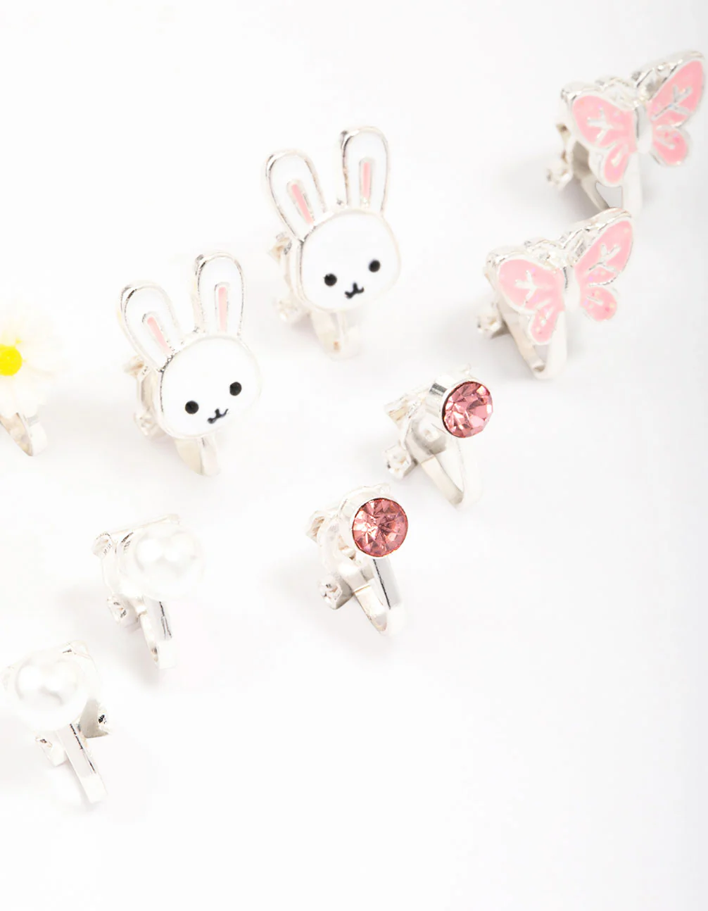 Kids Silver Bunny & Flower Clip On Earring 6-Pack - Image 2