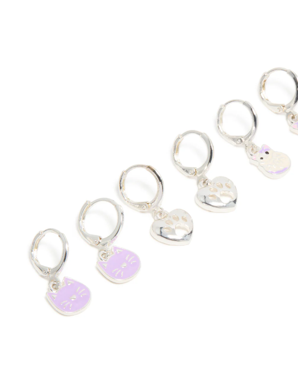 Kids Silver Cat & Paw Huggie Earrings 4-Pack - Image 2