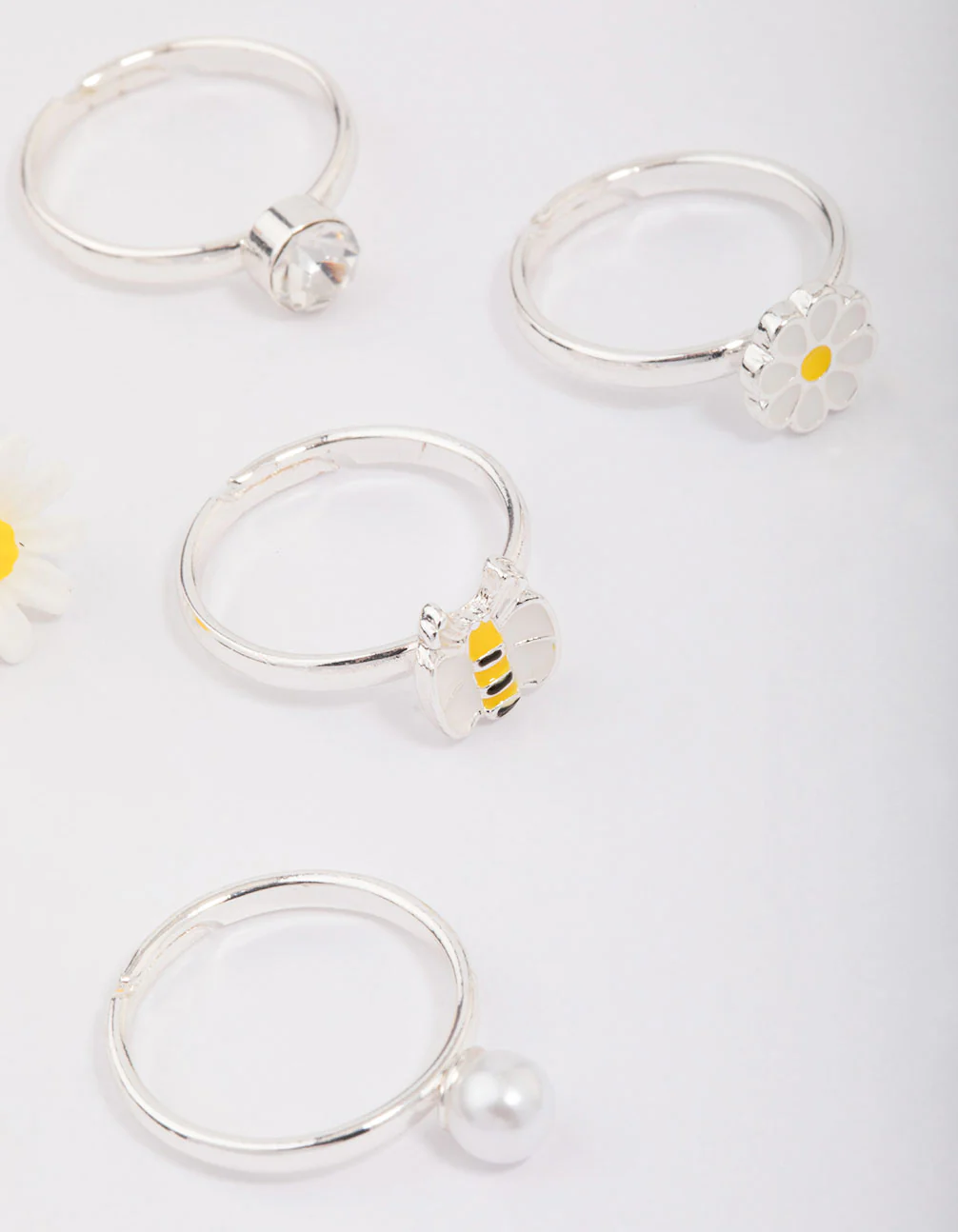 Kids Silver Daisy & Bumble Bee Ring 6-Pack - Image 2