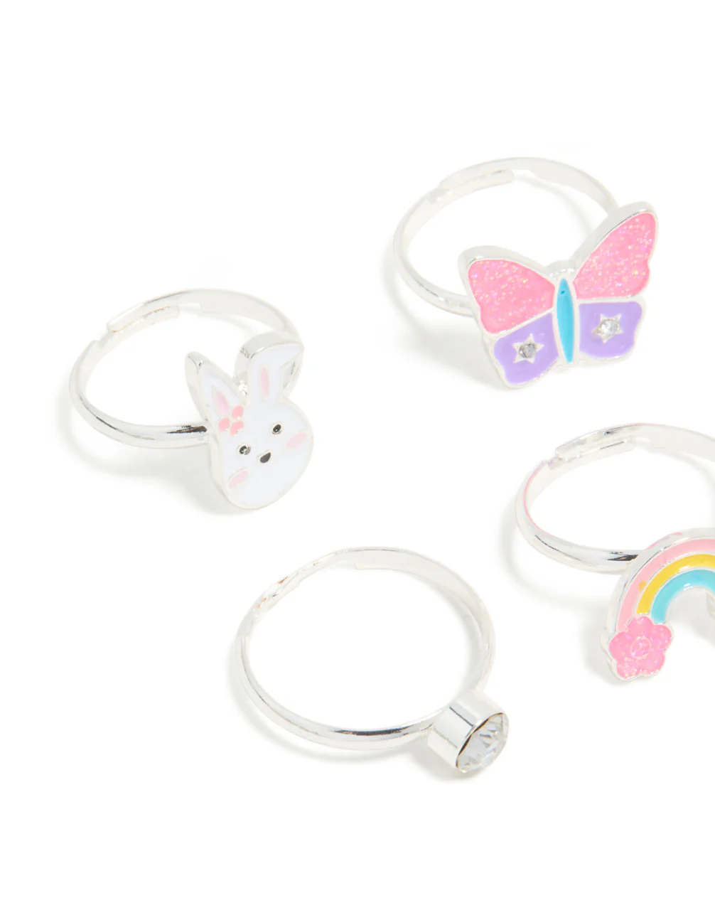 Kids Silver Diamante & Flower Easter Bunny Rings 6-Pack - Image 2