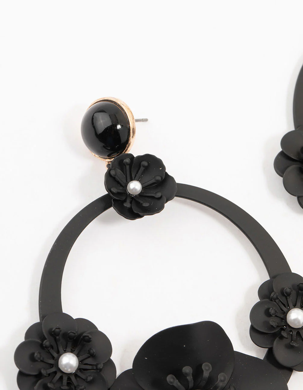Large Black Coated Floral Circle Drop Earrings - Image 2