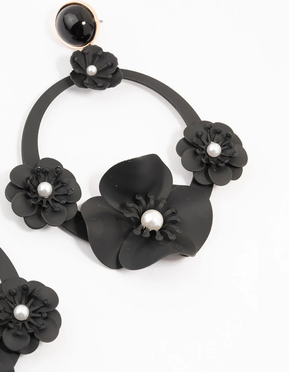 Large Black Coated Floral Circle Drop Earrings - Image 3