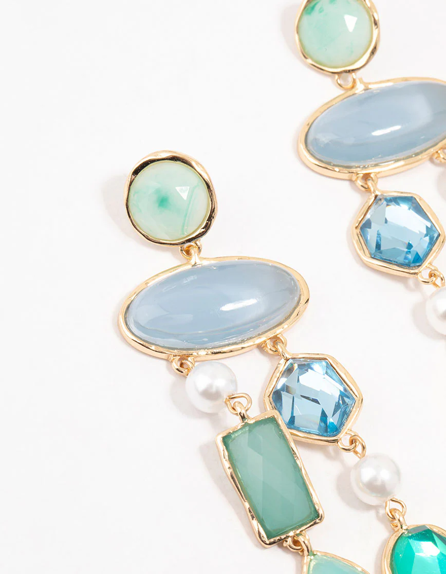 Large Multirow Blue Stones Drop Earrings - Image 2