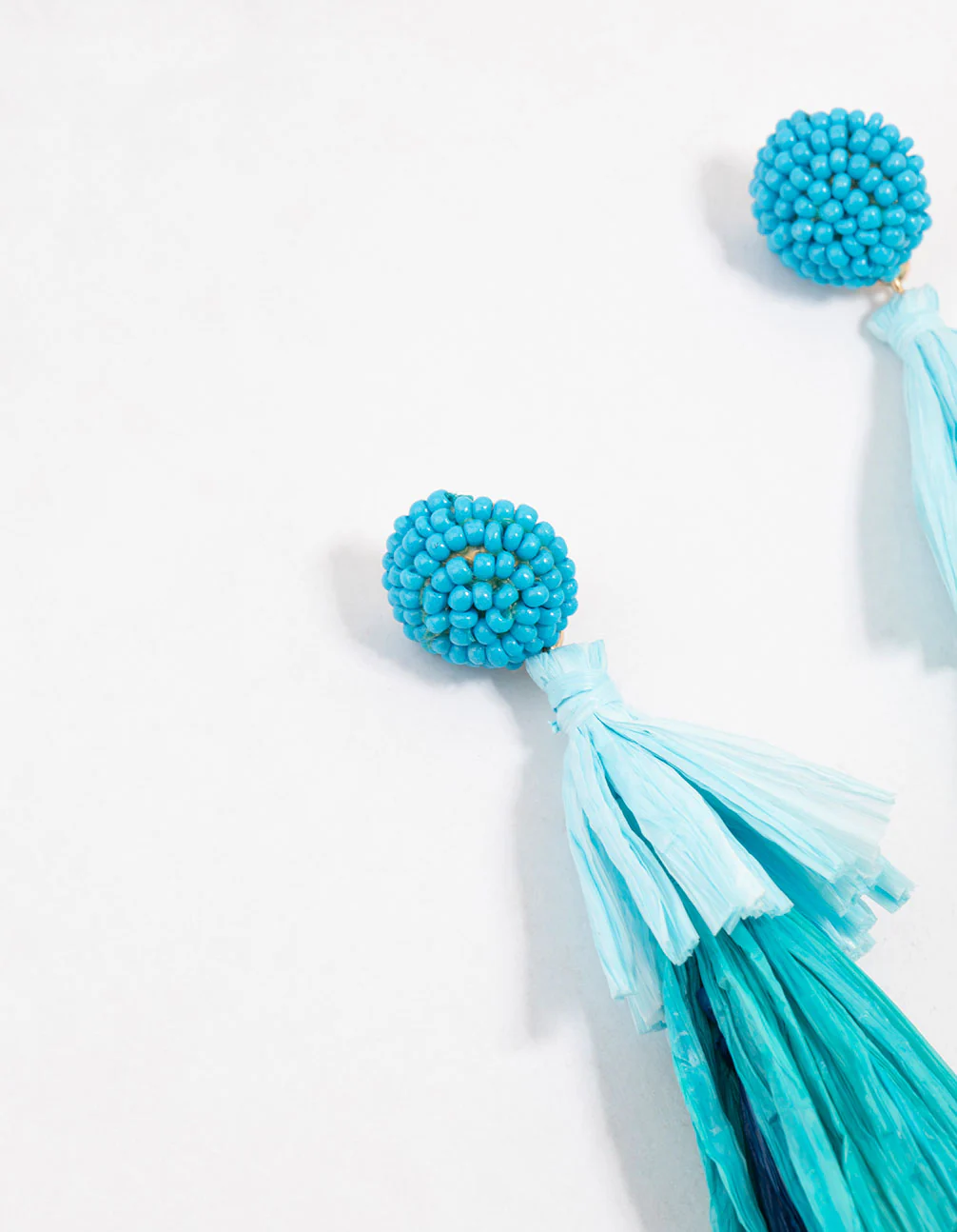 Layered Blue Raffia Tassel Drop Earrings - Image 2