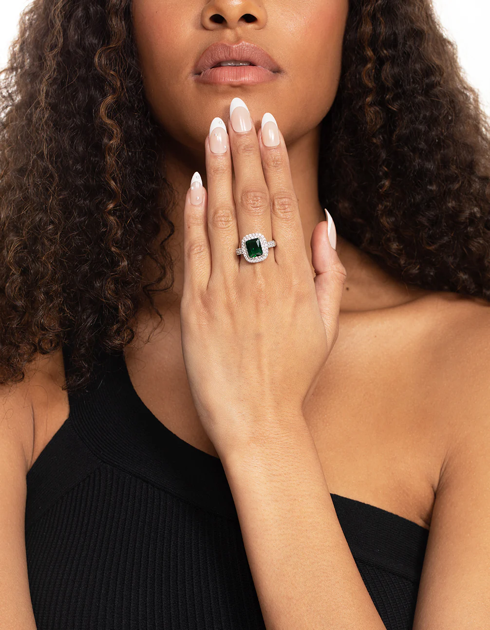 Silver Emerald Diamond Simulant Square Ring - Image 2