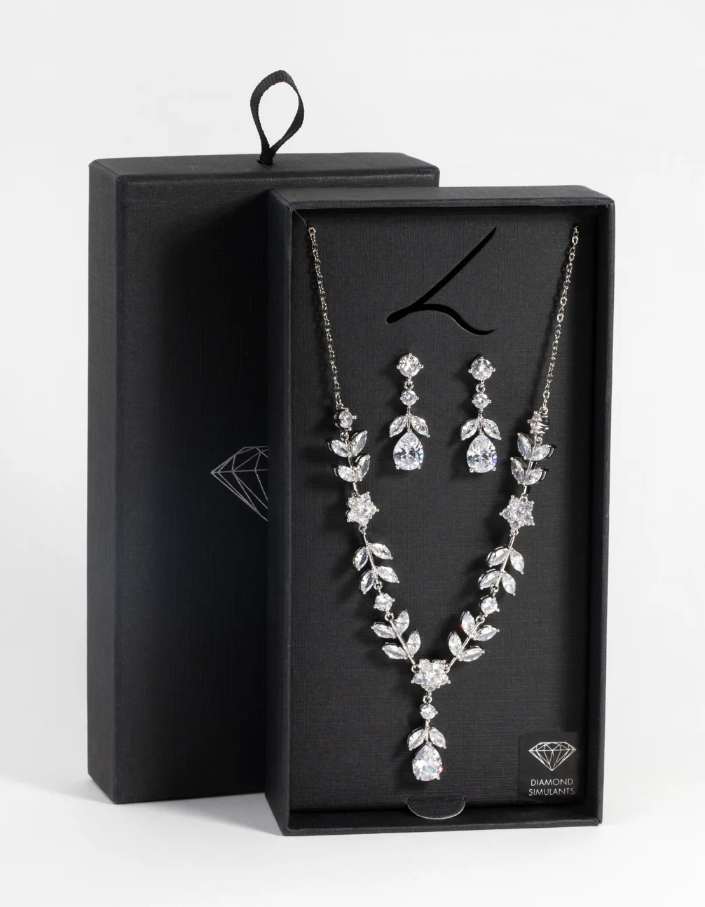 Silver Diamond Simulant Floral Necklace & Earrings Set - Image 5