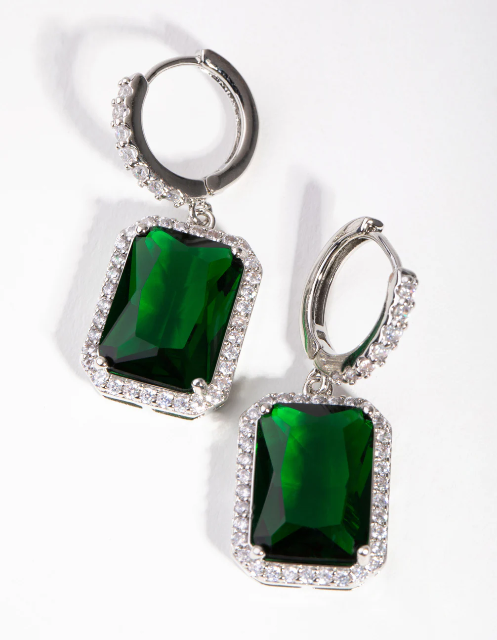 Silver Diamond Simulant Emerald Rectangle Huggie Earrings - Image 2