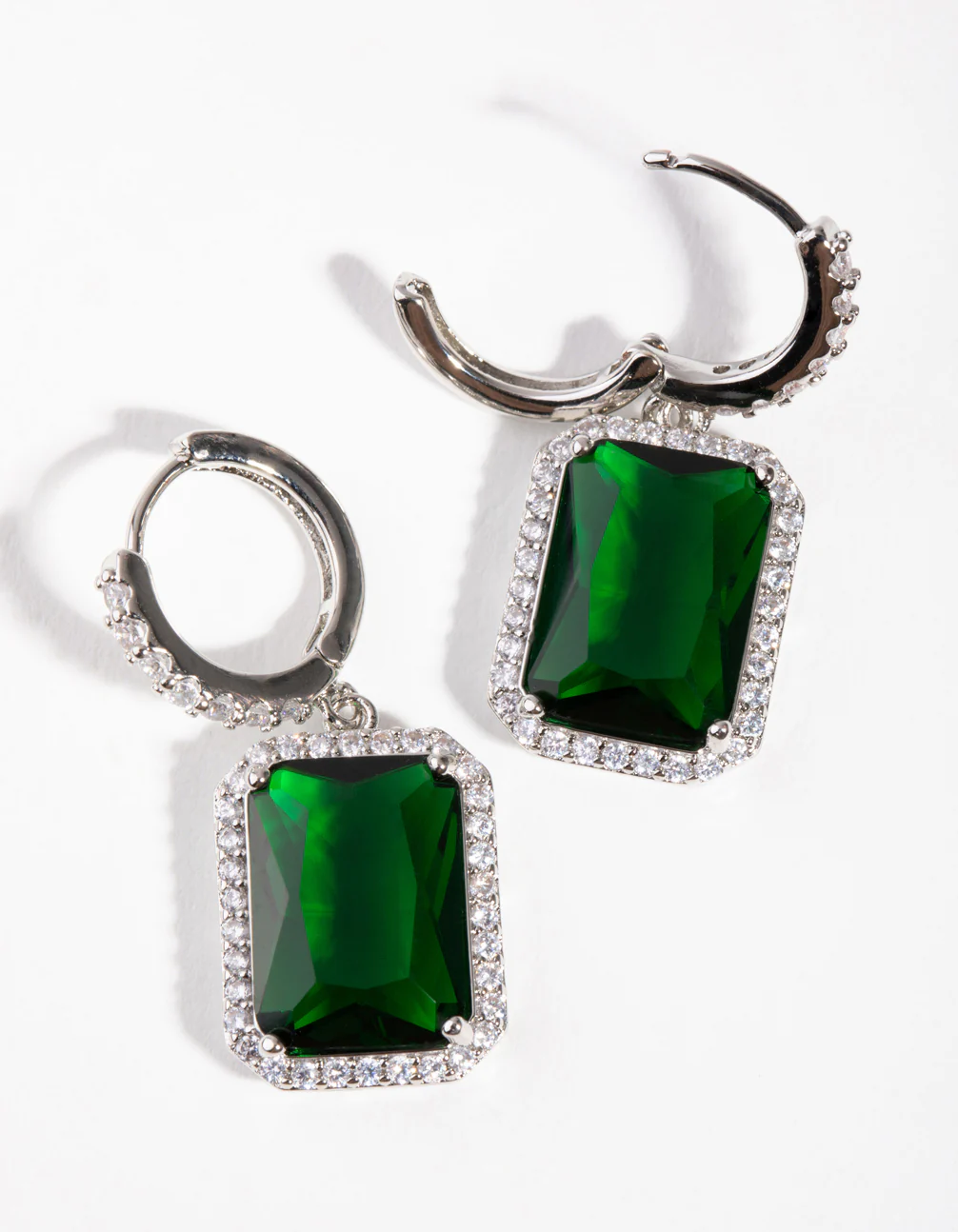 Silver Diamond Simulant Emerald Rectangle Huggie Earrings - Image 3