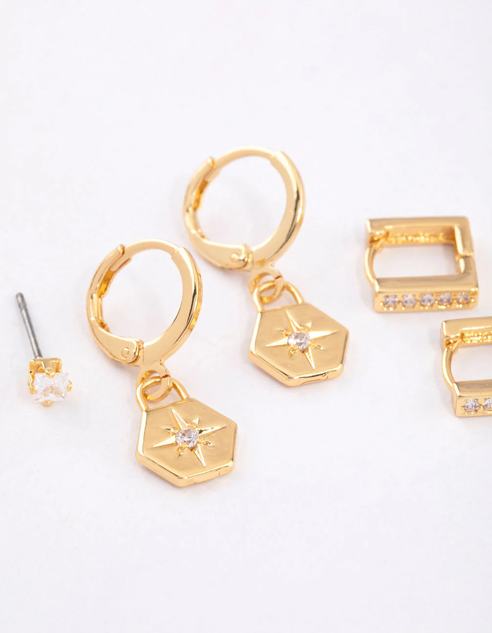 Gold Plated Brass Cubic Zirconia Hexagon & Square Earrings 6-Pack - Image 3