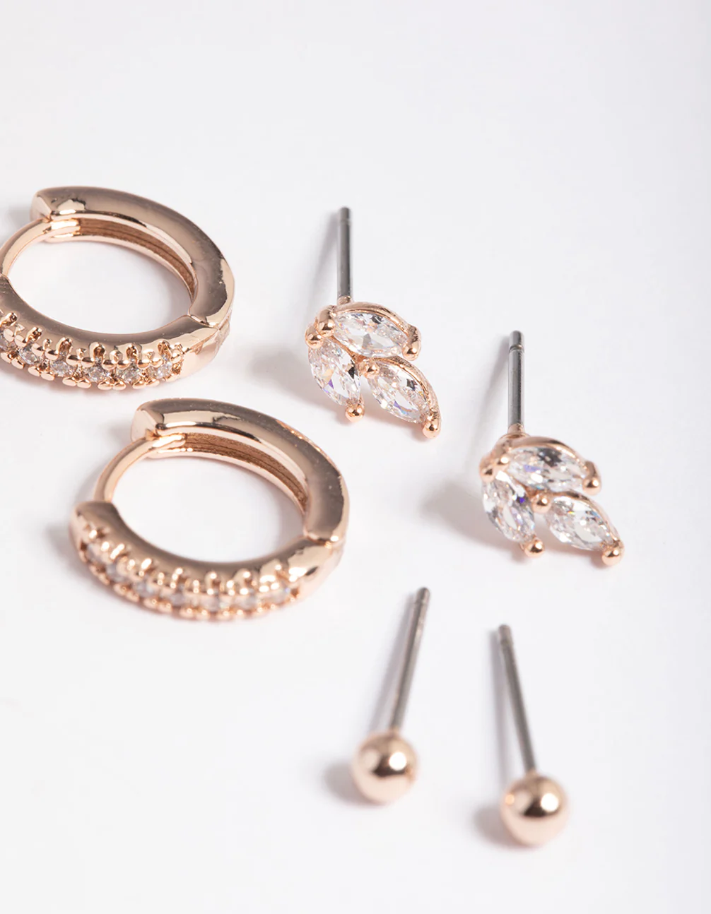 Rose Gold Plated Brass Cubic Zirconia Leaf Earrings 6-Pack - Image 2