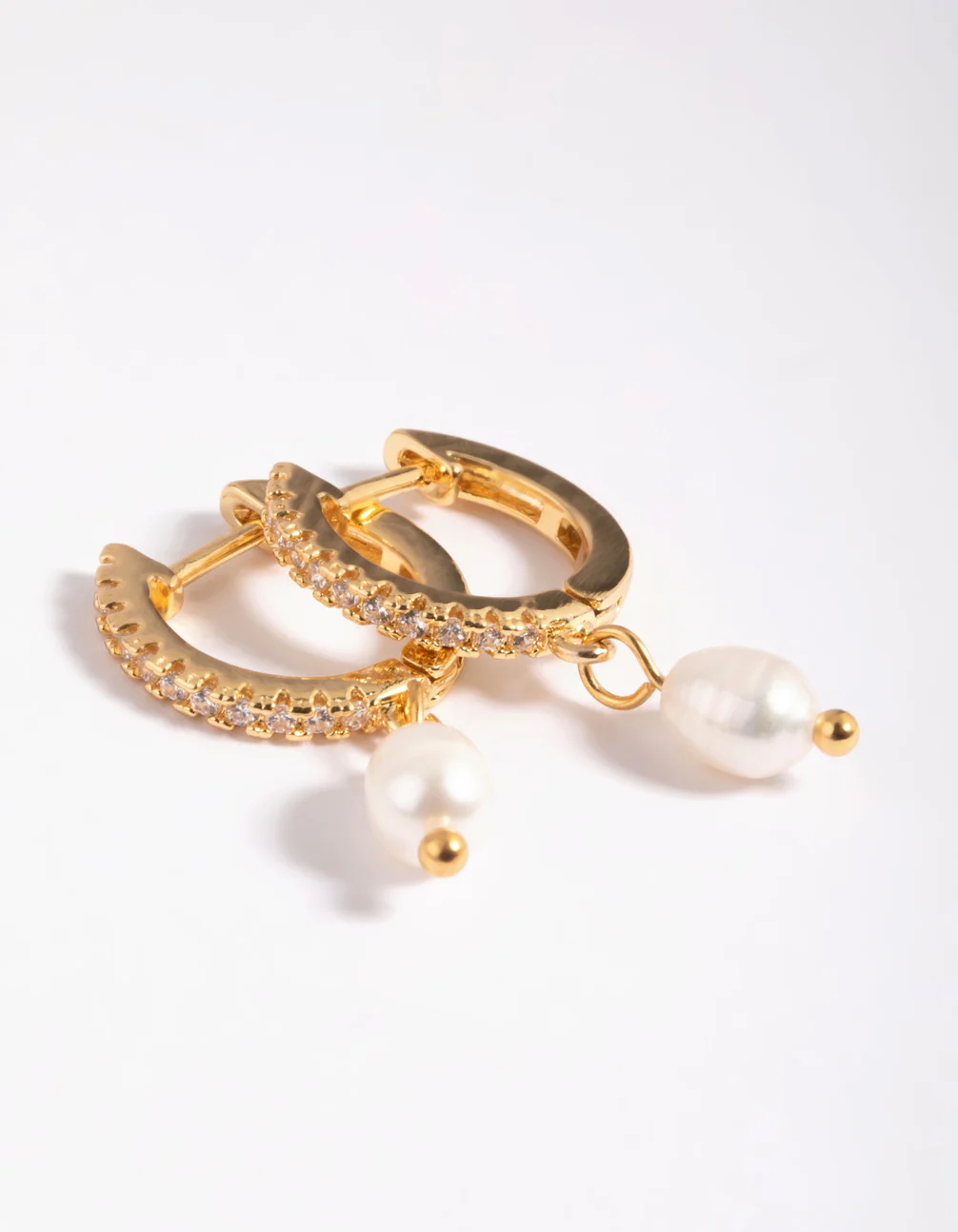 Gold Plated Brass Cubic Zirconia Pearl Huggie Hoop Earrings - Image 3