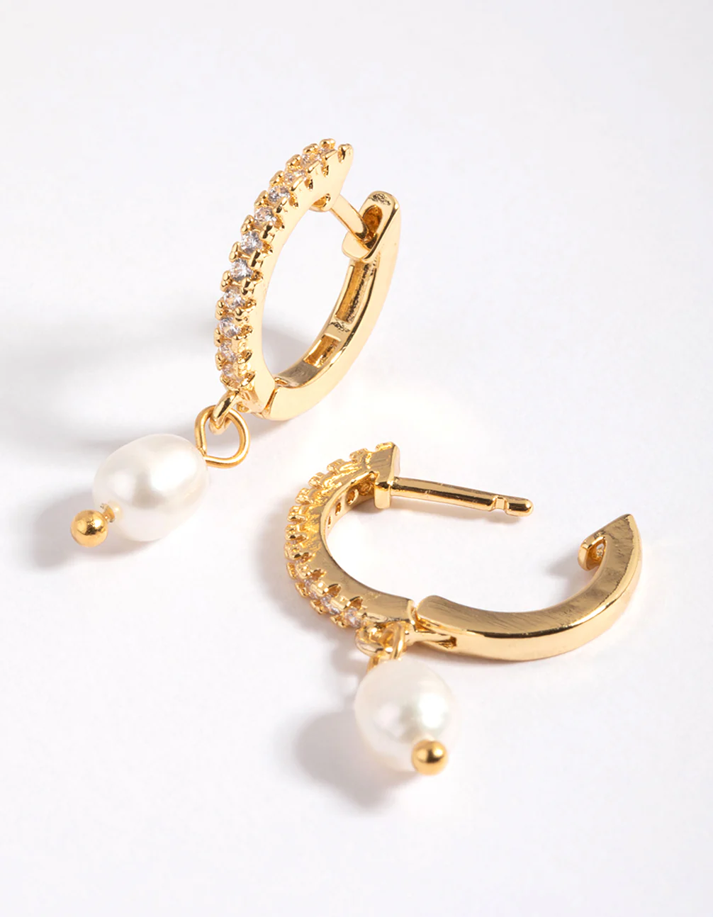 Gold Plated Brass Cubic Zirconia Pearl Huggie Hoop Earrings - Image 4