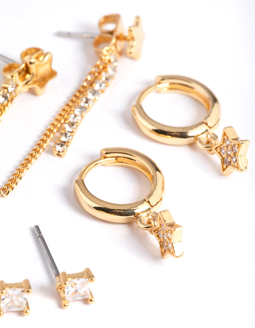Gold Plated Brass Stars & Chain Earrings 6-Pack - Image 2