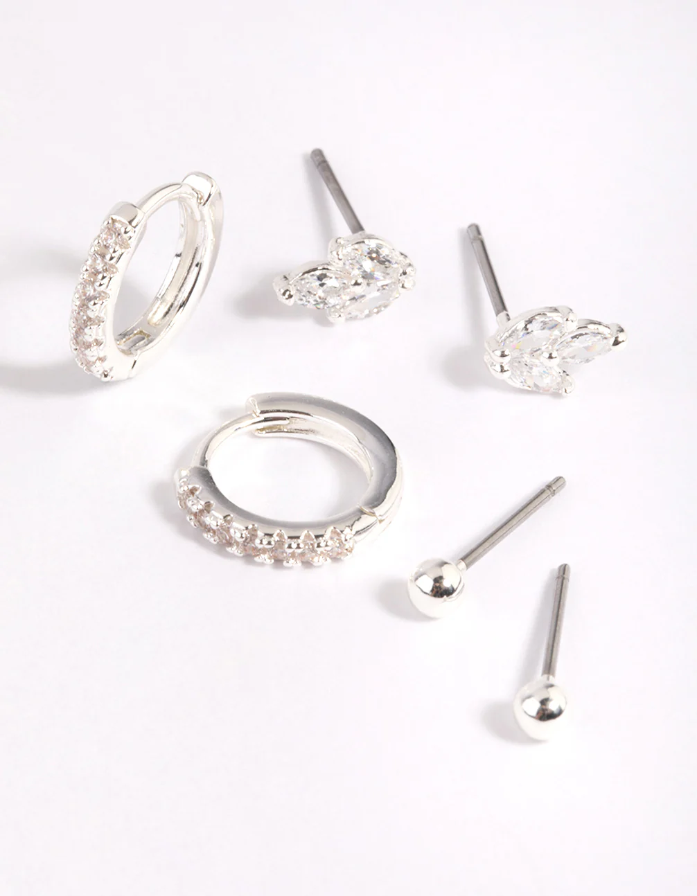 Silver Plated Brass Cubic Zirconia Leaf Earring Stack 6-Pack