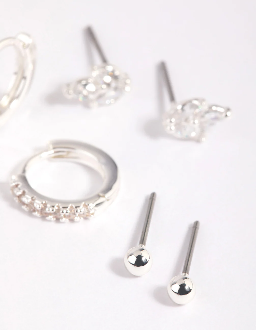 Silver Plated Brass Cubic Zirconia Leaf Earring Stack 6-Pack - Image 3
