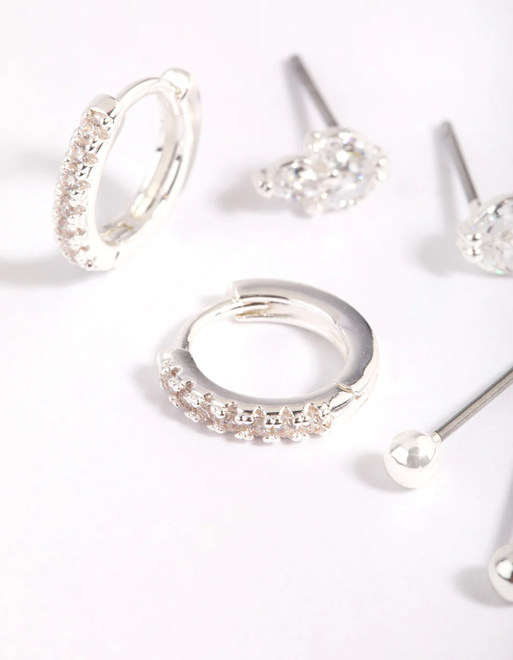 Silver Plated Brass Cubic Zirconia Leaf Earring Stack 6-Pack - Image 4