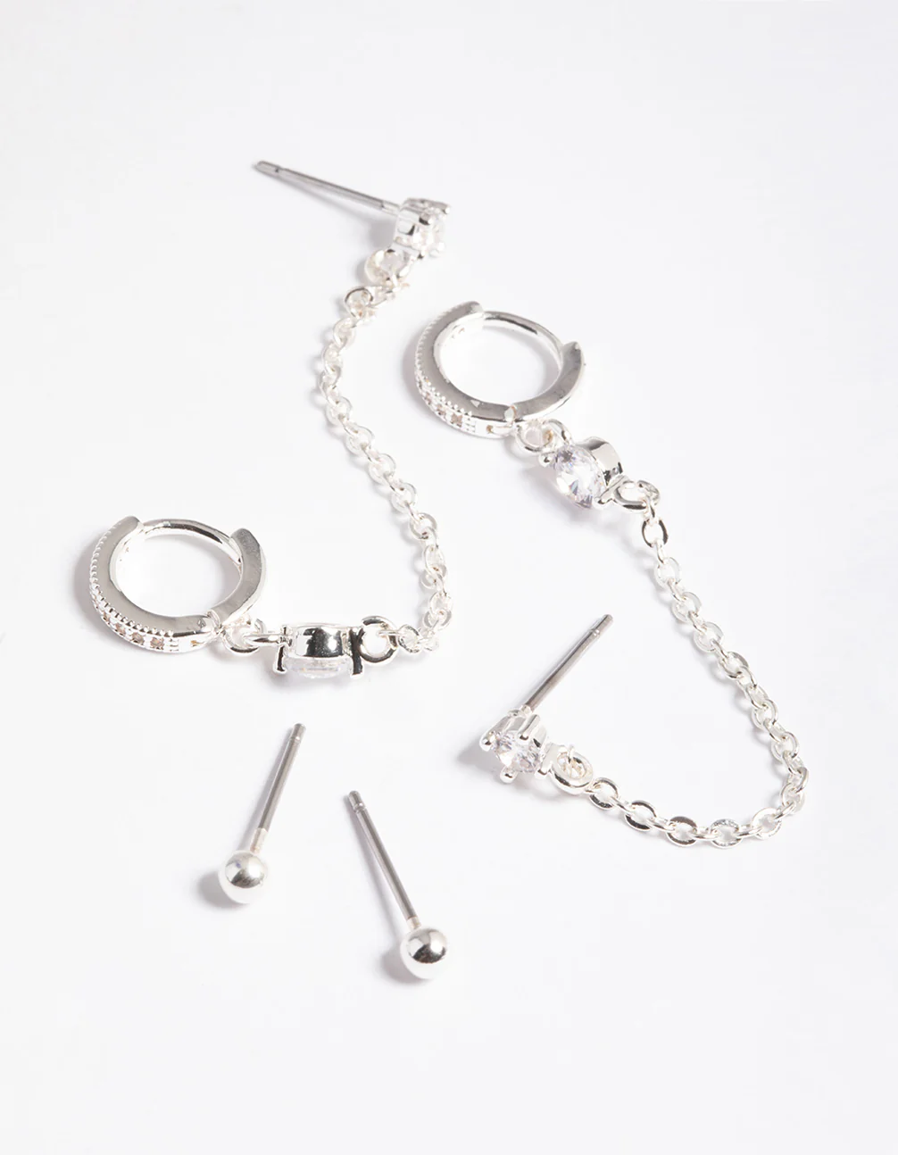 Silver Plated Brass Cubic Zirconia Pave Huggie Chain Earrings 6-Pack