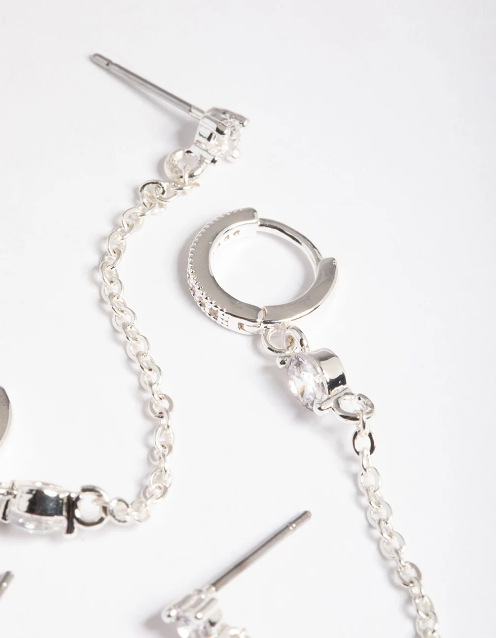 Silver Plated Brass Cubic Zirconia Pave Huggie Chain Earrings 6-Pack - Image 2