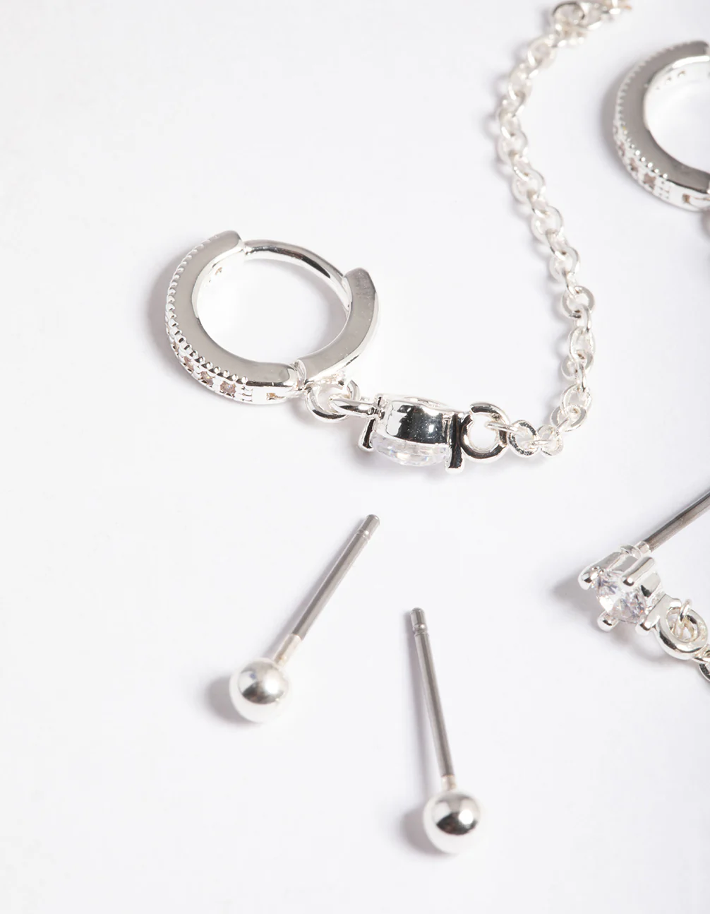 Silver Plated Brass Cubic Zirconia Pave Huggie Chain Earrings 6-Pack - Image 4