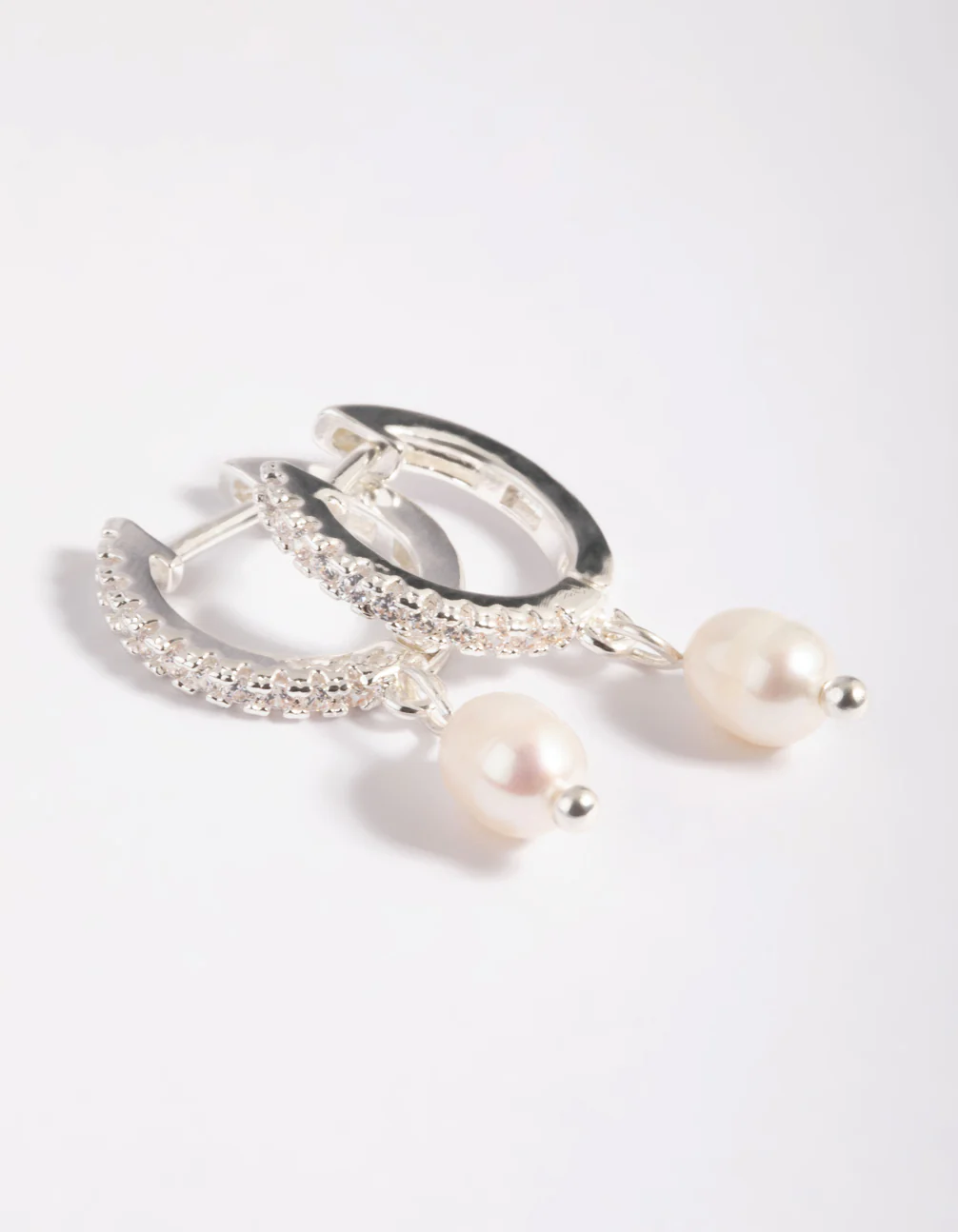 Silver Plated Brass Cubic Zirconia Pearl Huggie Hoop Earrings - Image 3