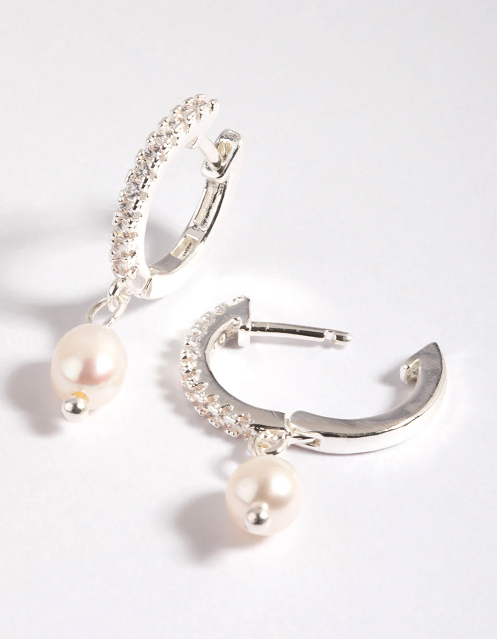Silver Plated Brass Cubic Zirconia Pearl Huggie Hoop Earrings - Image 4