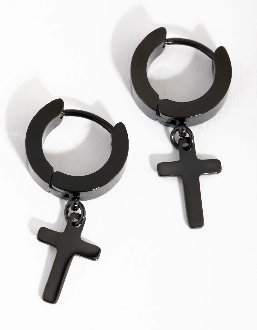 Matte Black Surgical Steel Cross Huggie Earrings