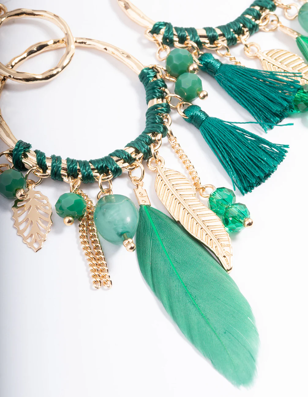 Gold Thread Bead Green Feather Earrings - Image 2