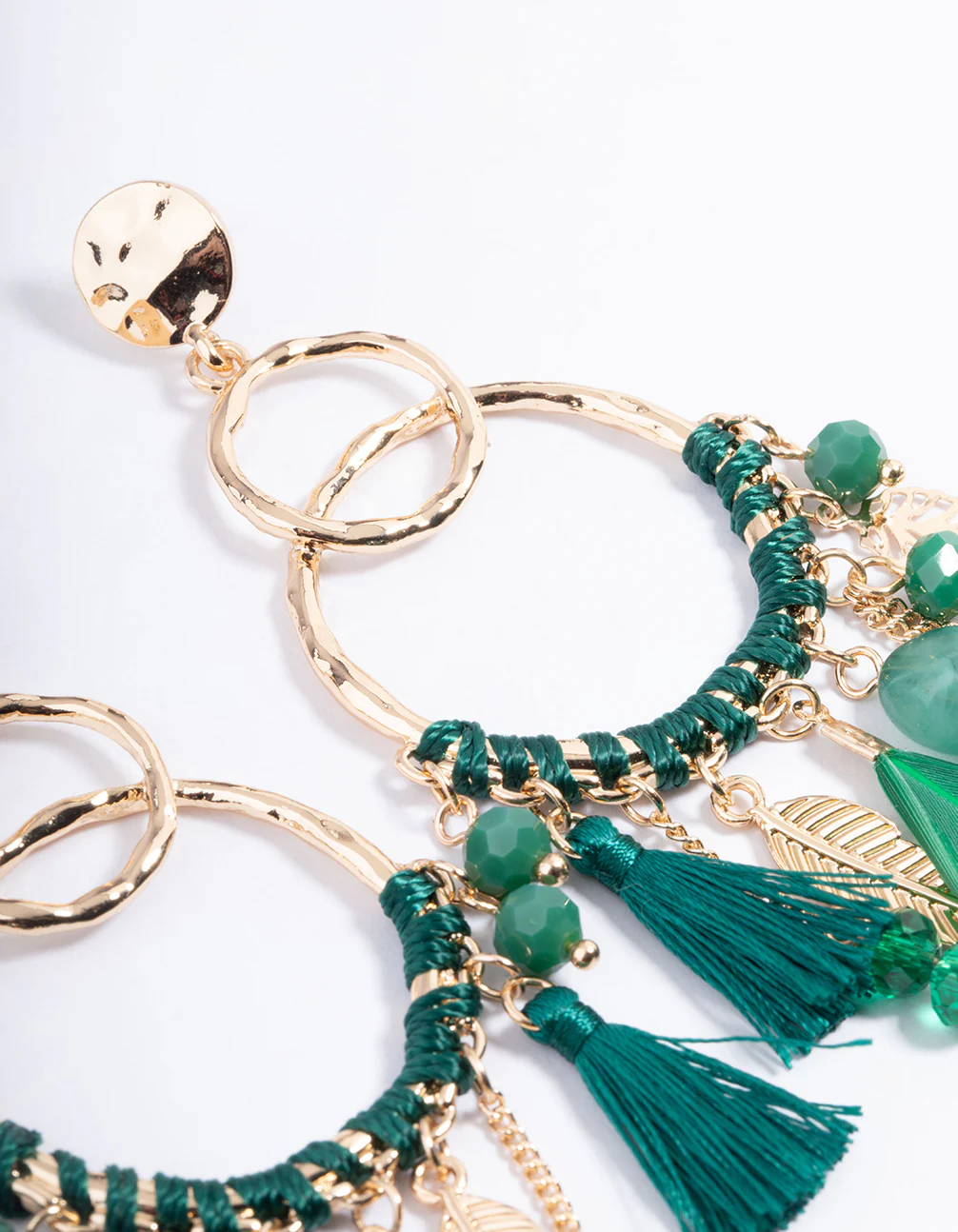 Gold Thread Bead Green Feather Earrings - Image 3