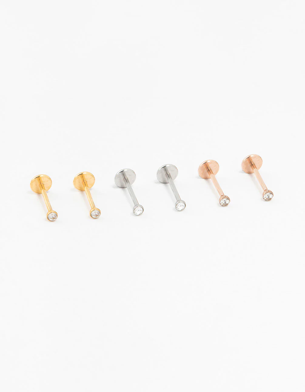 Mixed Metal Plated Surgical Steel Mini Diamante Threadless Flat Back Studs 6-Pack