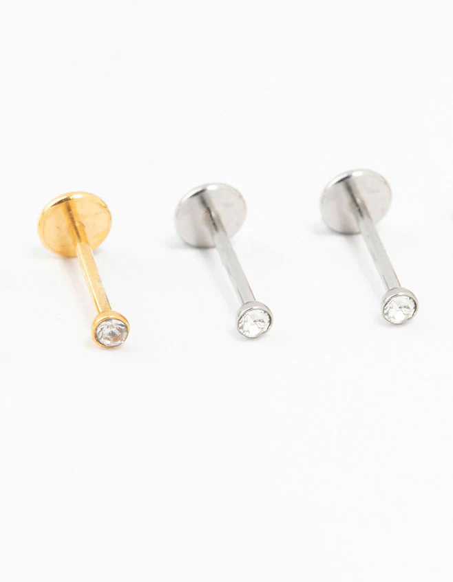 Mixed Metal Plated Surgical Steel Mini Diamante Threadless Flat Back Studs 6-Pack - Image 2