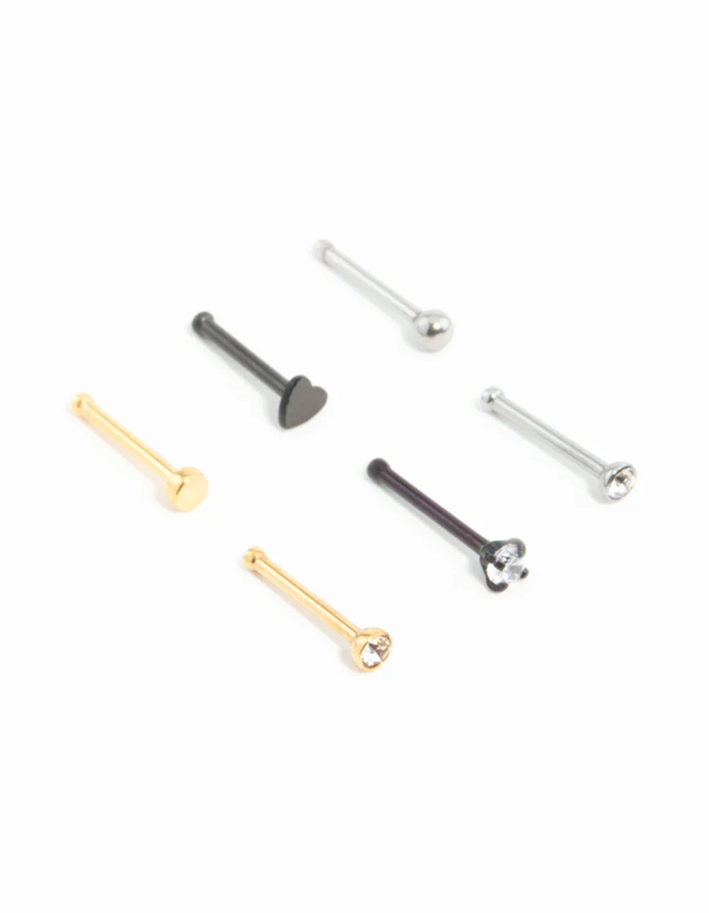 Mixed Metals Heart & Diamante Nose Studs 6-Pack