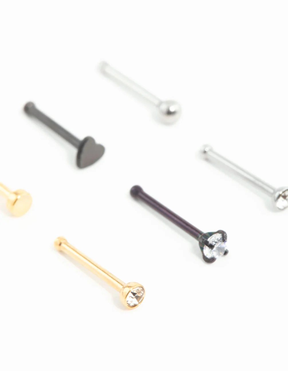 Mixed Metals Heart & Diamante Nose Studs 6-Pack - Image 2