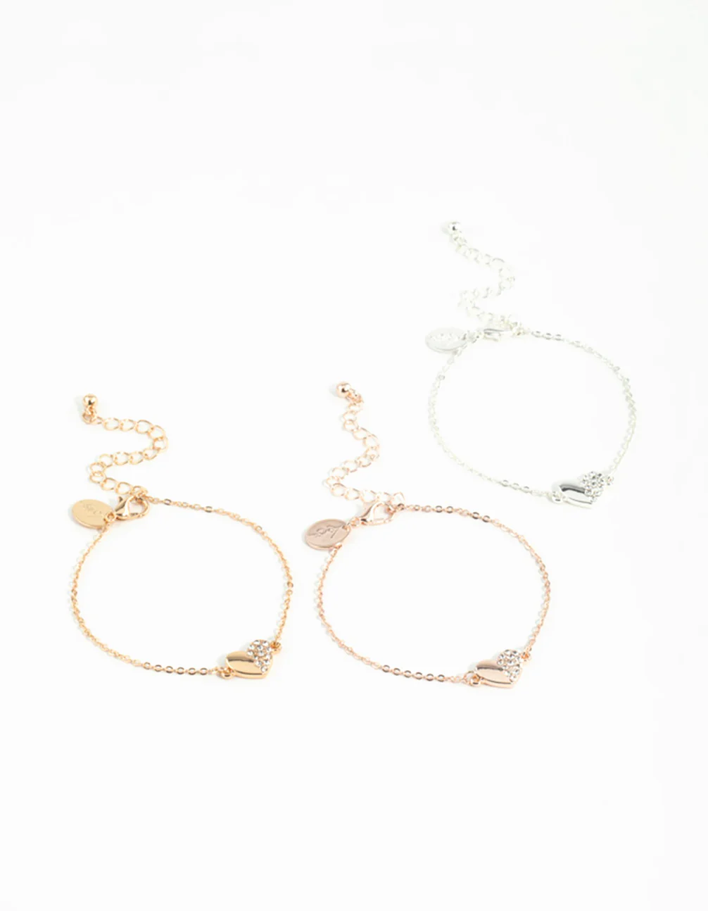 Mixed Metals Hearts Half Diamante Bracelets 3-Pack
