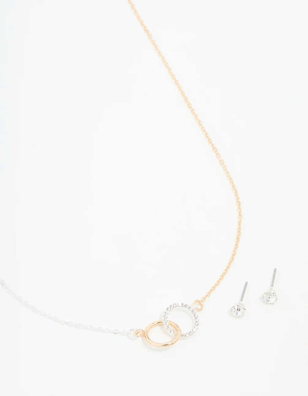Mixed Metals Linked Circle Necklace & Stud Earrings Set
