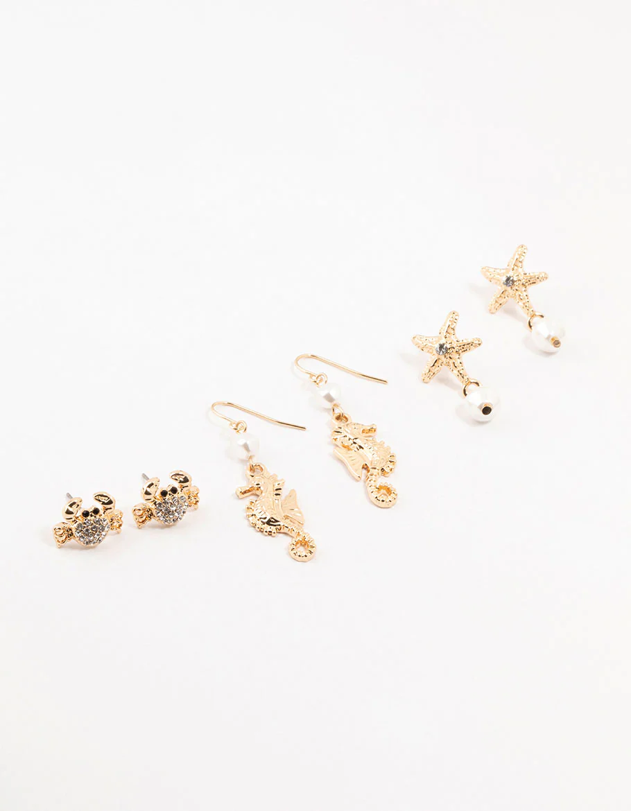 Ocean Sea Creature Gold Earrings 3-Pack