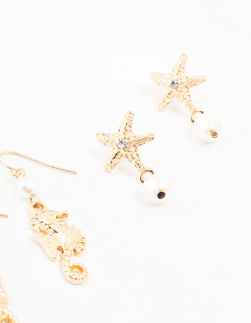 Ocean Sea Creature Gold Earrings 3-Pack - Image 3
