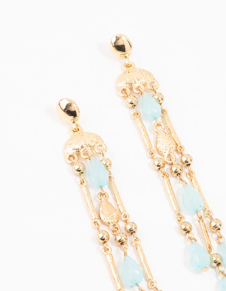 Ornate Gold & Blue Stone Drop Earrings - Image 2