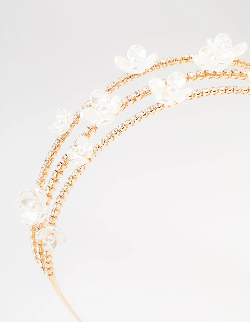 Pearl Flower 3 Row Gold Headband - Image 2