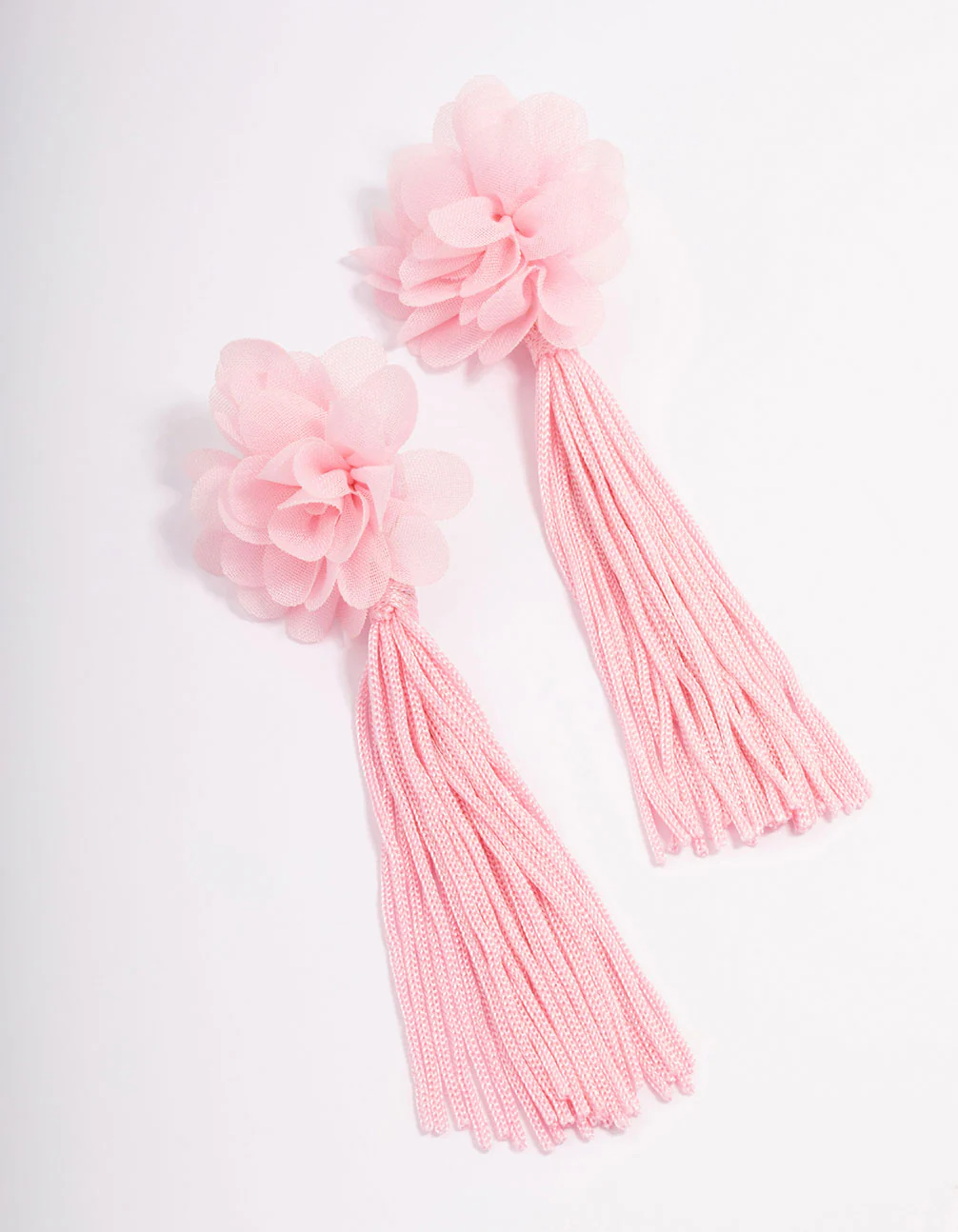 Pink Fabric Flower Tassel Drop Earrings
