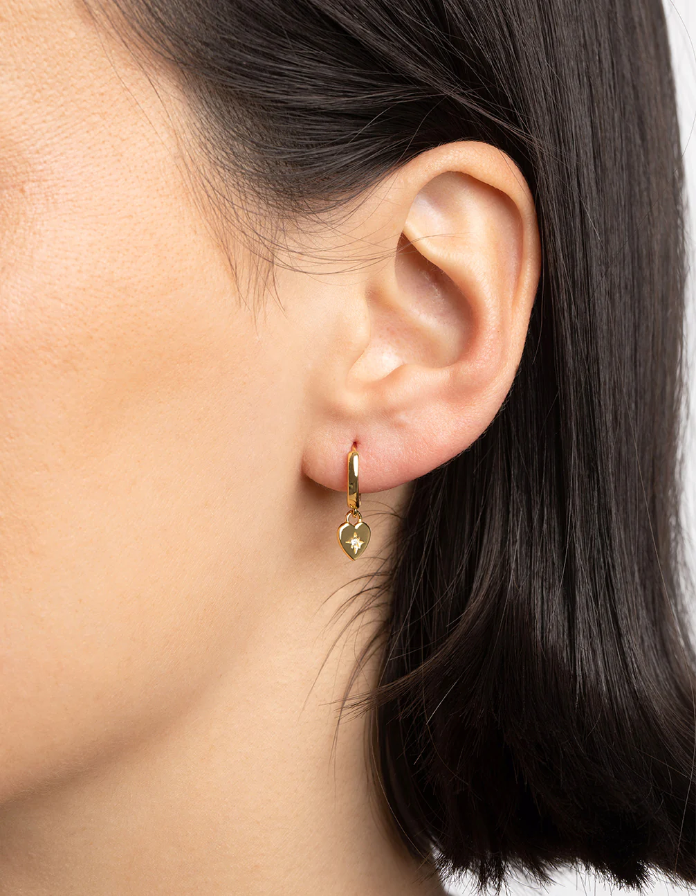 Gold Plated Sterling Silver Heart Diamante Huggie Hoop Earrings - Image 2