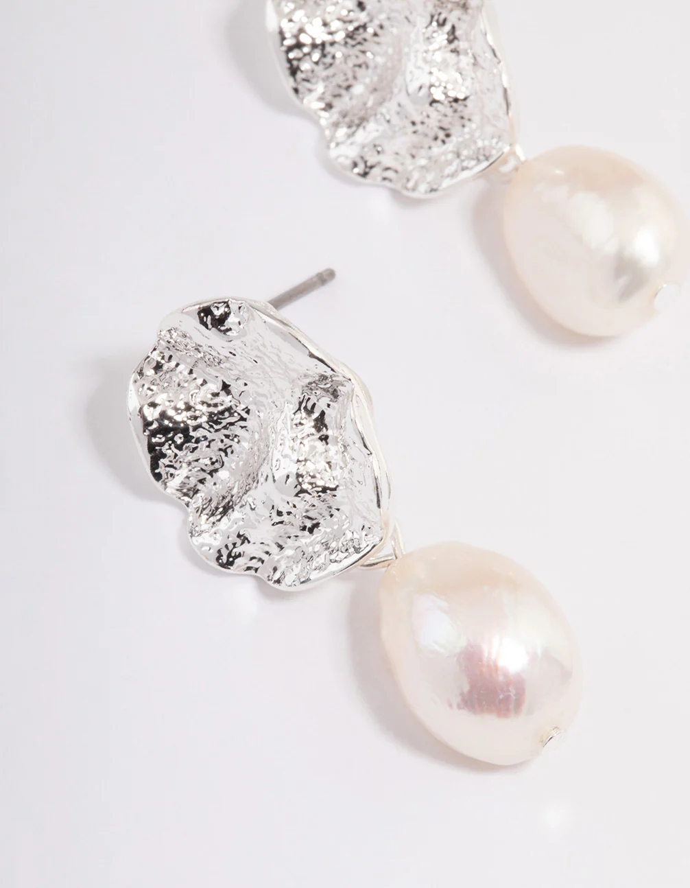 Silver Plated Crater Freshwater Pearl Drop Earrings - Image 3