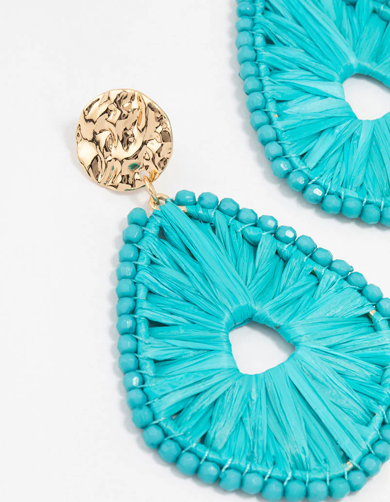 Raffia Oval Beaded Leaf Drop Earrings - Image 2