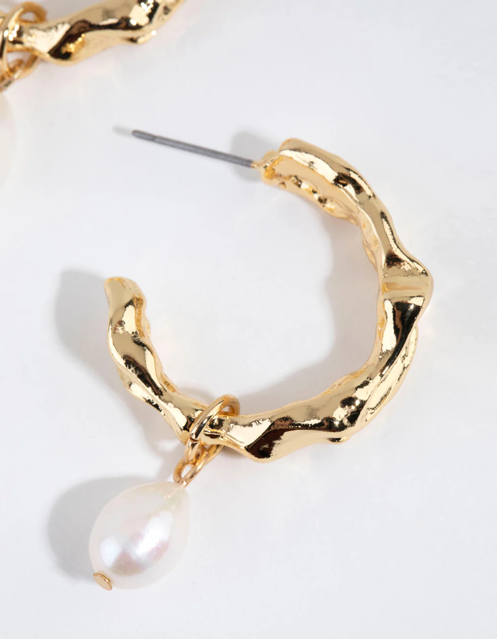 Gold Plated Freshwater Pearl Molten Hoop Earrings - Image 4