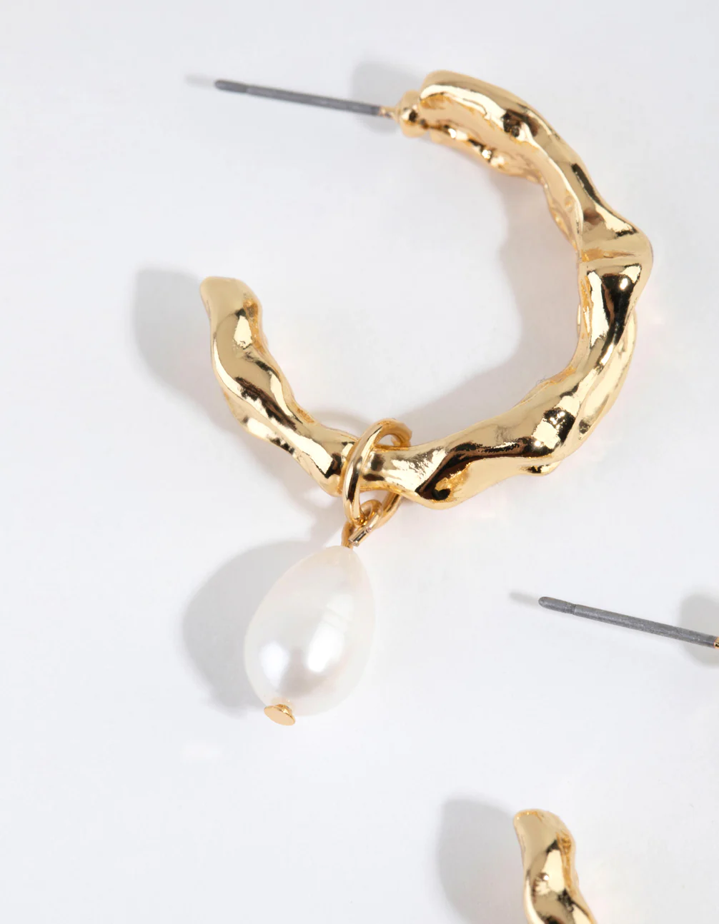 Gold Plated Freshwater Pearl Molten Hoop Earrings - Image 5